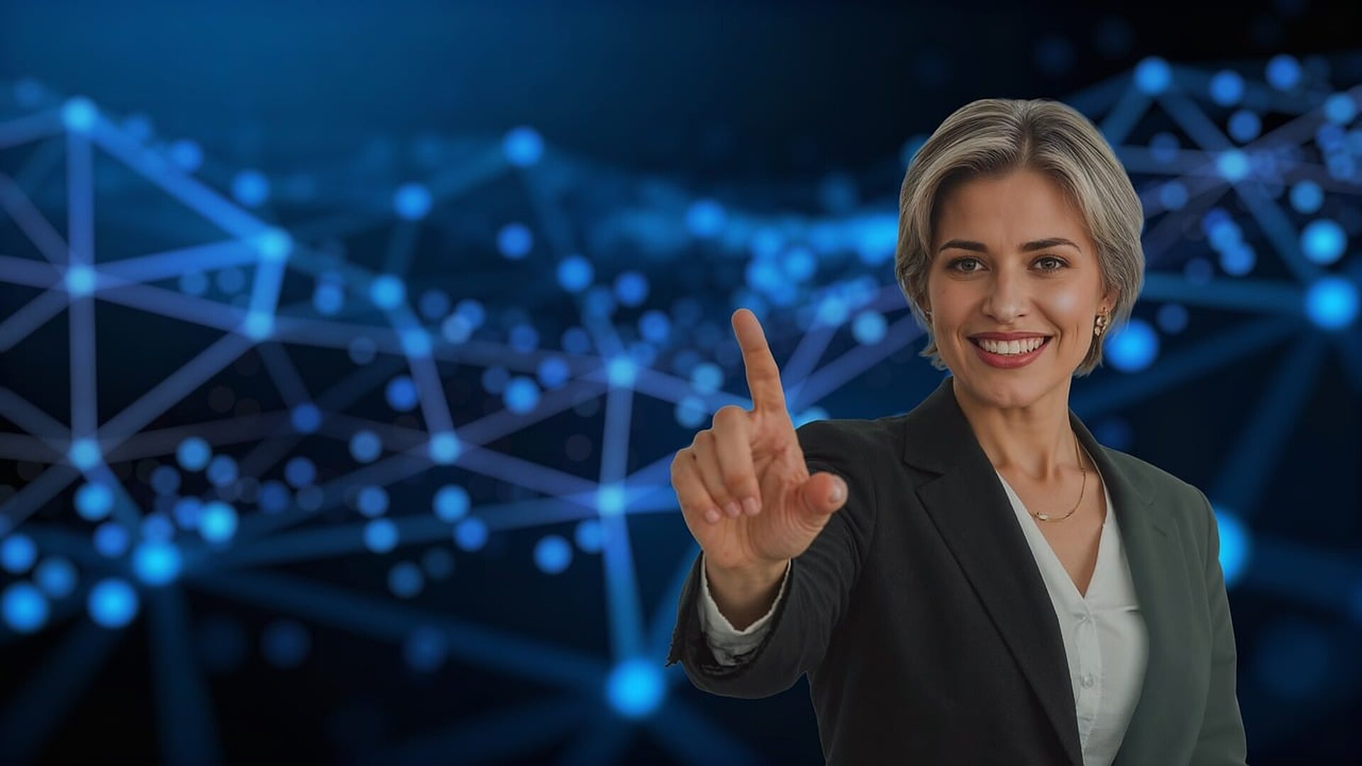 Rețea albastră de date atinsă cu degetul, lângă o persoană în ținută business.