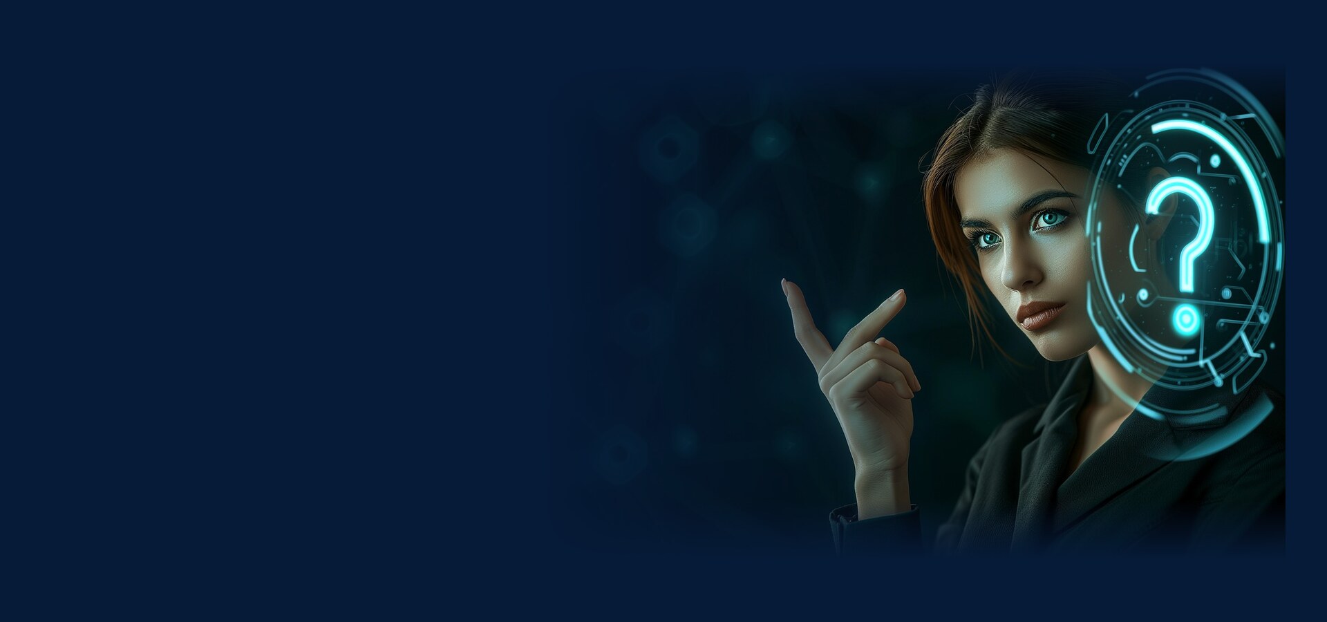 Femeie de afaceri care arată spre un simbol digital luminos cu semnul întrebării.